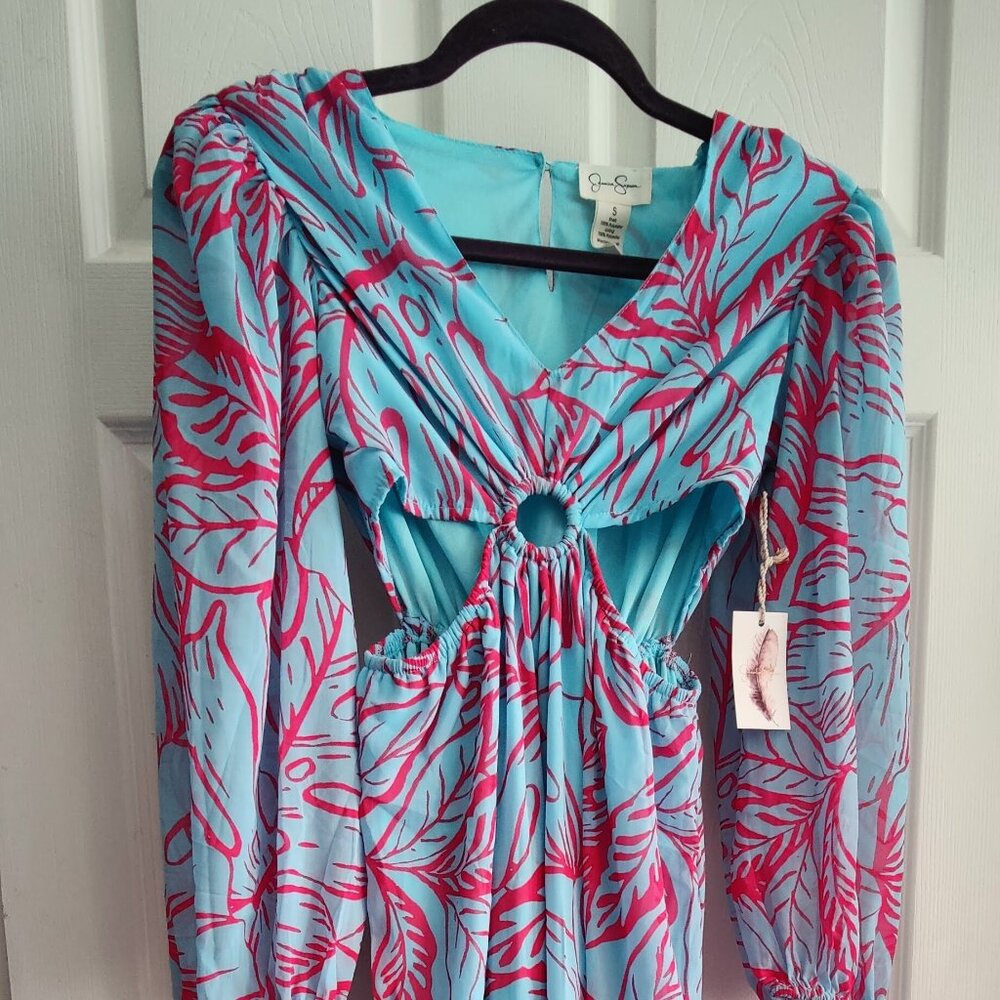 NWT S Teal/Aquamarine & Pink Jessica Simpson side cut-outs Maxi Dress Size Small